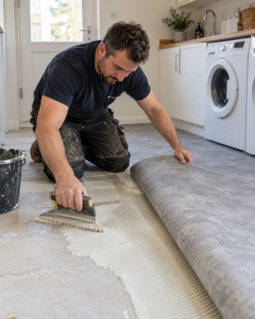 Flooring Contractor in DuPage County - IL preparing a garage slab with grinding equipment, Flooring Contractor in Skokie - IL repairing surface cracks before installing a protective floor coating, Flooring Contractor in Naperville - IL grinding a garage slab before applying a durable concrete coating