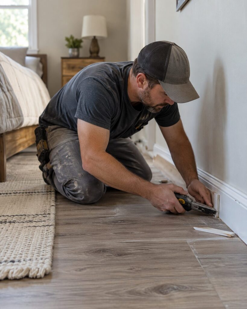 Flooring contractor repairing surface flaws on a concrete floor inside a DuPage County - IL workspace, Flooring contractor testing concrete moisture levels inside a Skokie - IL garage before coating installation, Flooring contractor inspecting surface wear in a Naperville - IL basement with preparation tools nearby