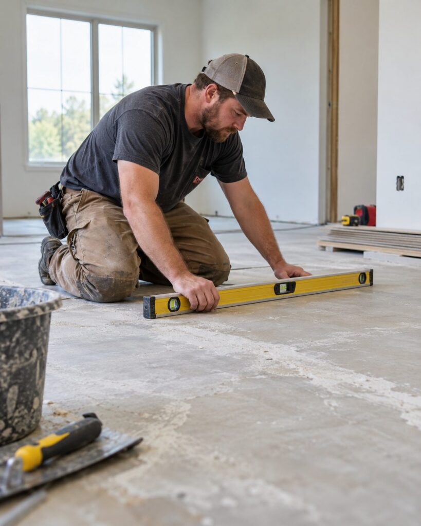 Flooring contractor inspecting moisture-prone concrete in a Lake County - IL basement before coating, Flooring contractor inspecting concrete texture in an Evanston - IL basement before selecting coating materials