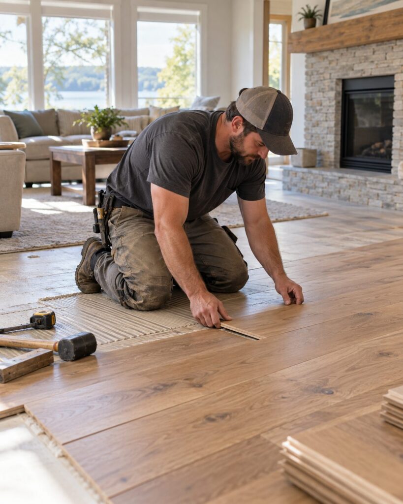 Flooring contractor assessing surface wear inside a McHenry County - IL garage before coating work, Flooring contractor testing concrete moisture levels in an Oak Park - IL basement before coating installation