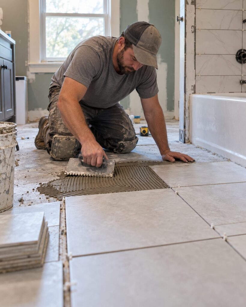 Flooring contractor inspecting cracks and surface wear inside a Will County - IL utility space, Flooring contractor inspecting surface cracks in an Elmhurst - IL basement before recommending coating preparation